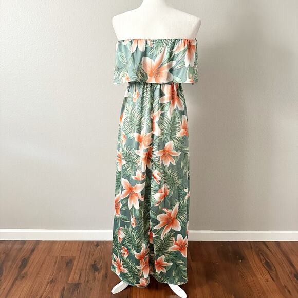 Akira Strapless Green Tropical Floral Flowy Slit Maxi Dress women’s size medium - Picture 6 of 11